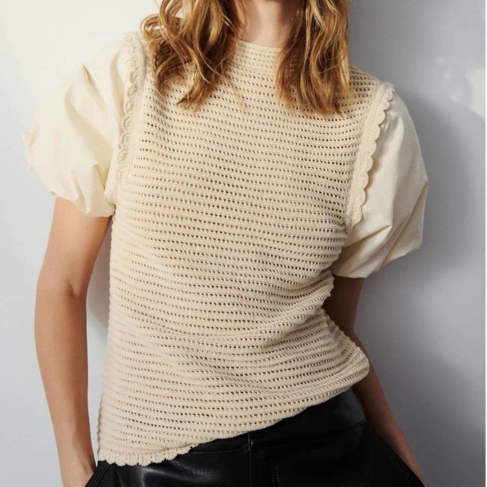 Melissa Nepton Cream Ivory Knit Scallop Mariella Puff Sleeve Top = PSmall